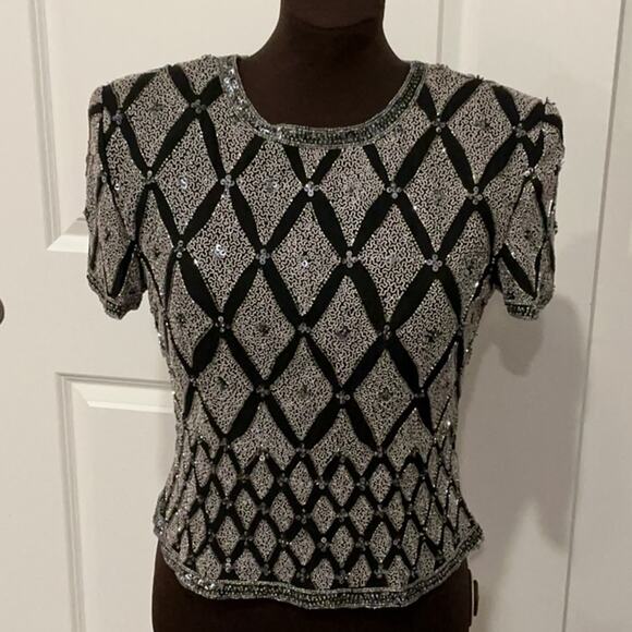 Papell Boutique Black Silver Sequins Blouse Top 100% Silk Glam Bling 90s Size M - Picture 1 of 11